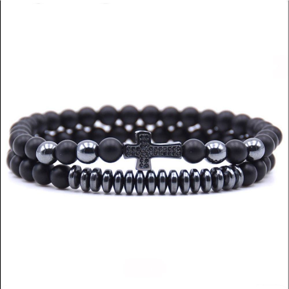 Black Matte Agate with Onyx Bead Cross Bracelet